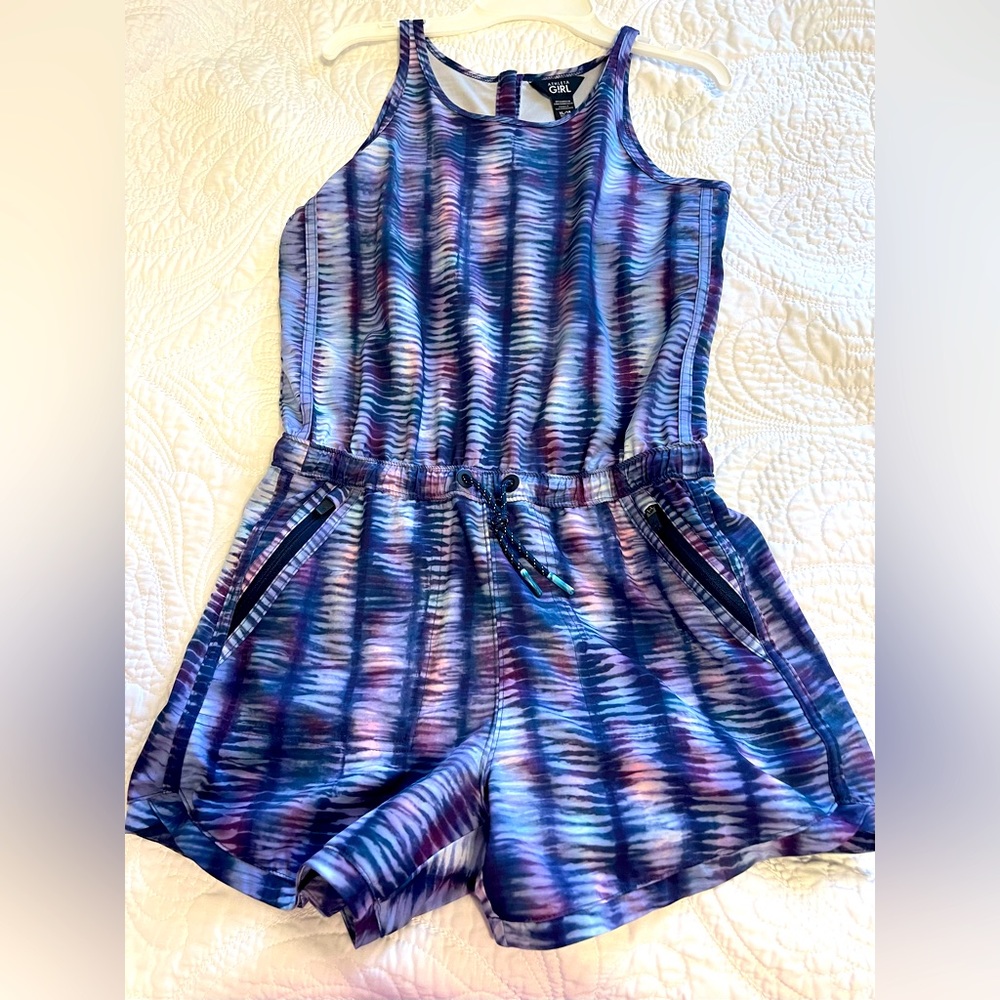 Athleta Girl On the Go Romper Shoreline Shibori Enchanted Blue Size XL